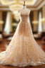 A-Line Champagne Tulle Backless Appliques Wedding Dress