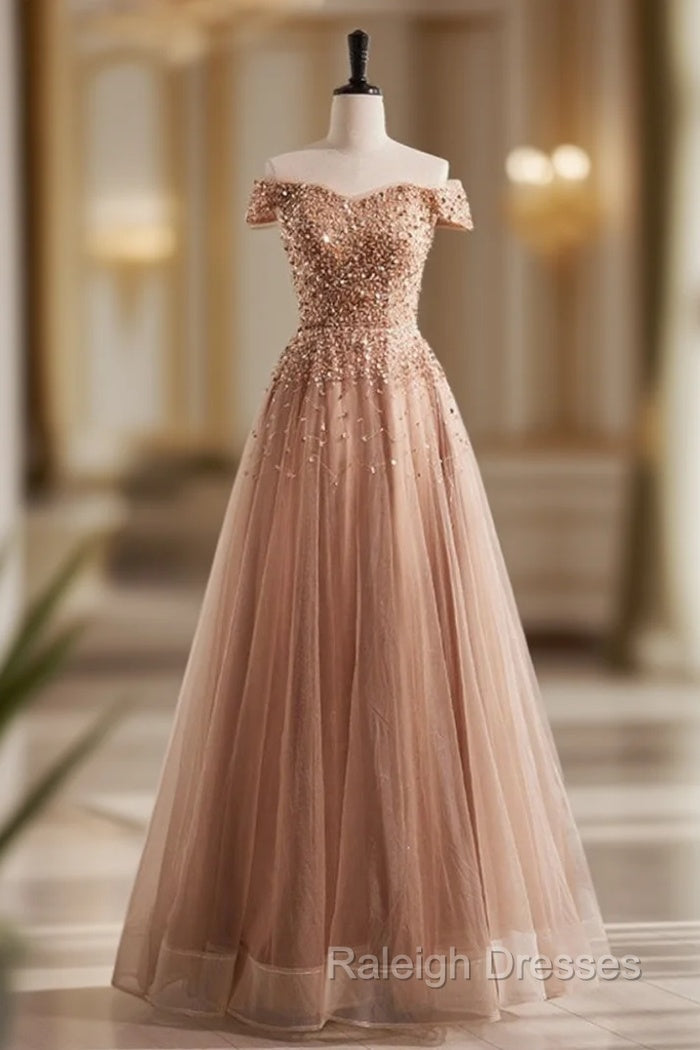 A Line Champagne Tulle Beading Sequins Prom Dresses Main image