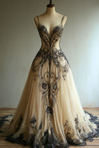 A-Line Champagne Tulle Black Lace Prom Dress Long Charming Prom Dresses