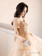 A-Line Champagne Tulle Lace Long Prom Dress, Champagne Long Formal Dress