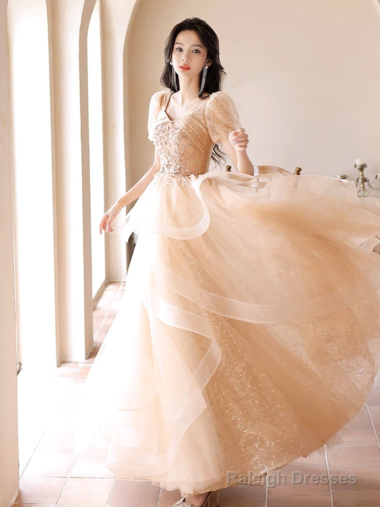 A-Line Champagne Tulle Lace Long Prom Dresses Champagne Long Prom Dresses