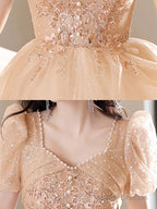 A-Line Champagne Tulle Lace Long Prom Dresses Champagne Long Prom Dresses
