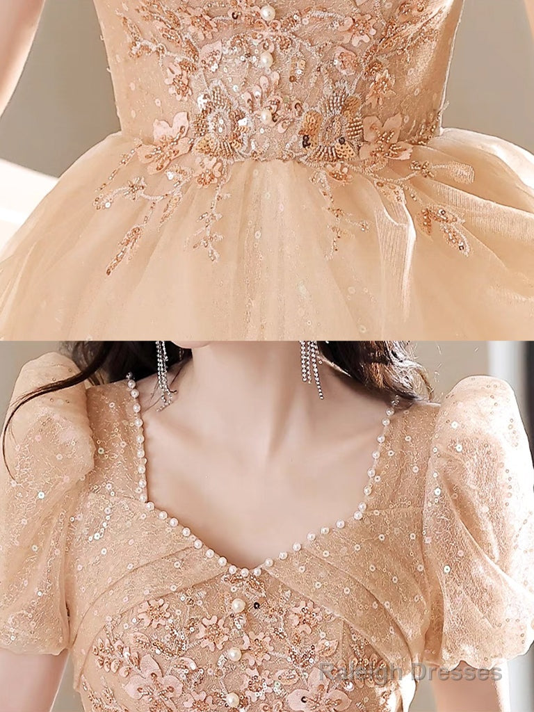 A-Line Champagne Tulle Lace Long Prom Dresses Champagne Long Prom Dresses