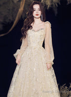 A-Line Champagne Tulle Long Evening Dress Party Dress, Champagne Prom Dress