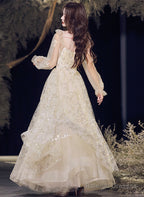 A-Line Champagne Tulle Long Evening Dress Party Dress, Champagne Prom Dress