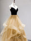 A Line Champagne Tulle Long Prom Dresses, Velvet Graduation Dresses with Beading