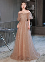 A-Line Champagne Tulle Off Shoulder Long Party Dress, Champagne Formal Dress Prom Dress