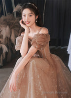 A-Line Champagne Tulle Off Shoulder Long Party Dress, Champagne Formal Dress Prom Dress