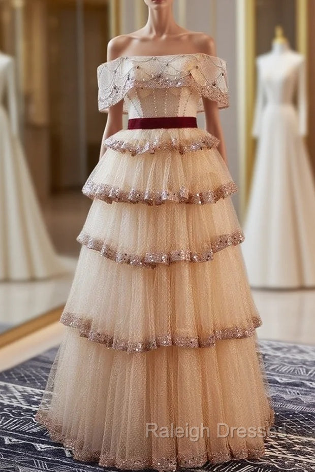 A-Line Champagne Tulle Sequins Beading Off the Shoulder Prom Dress Main image