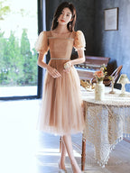 A-Line Champagne Tulle Short Prom Dresses Champagne Homecoming Dresses