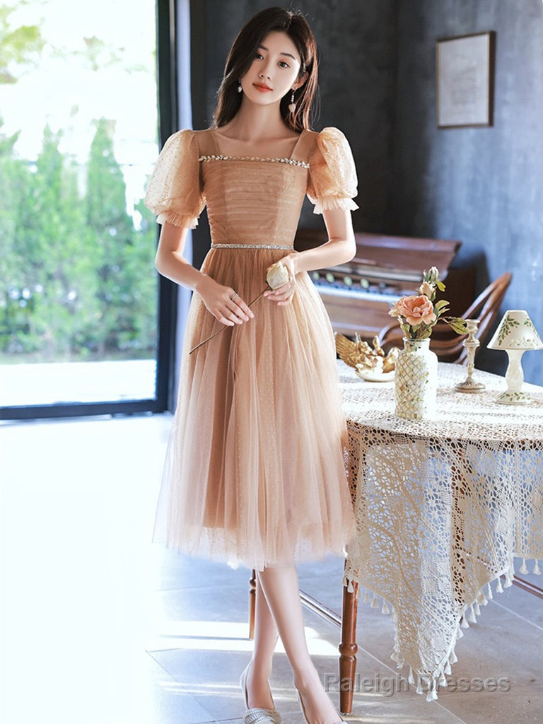 A-Line Champagne Tulle Short Prom Dresses Champagne Homecoming Dresses