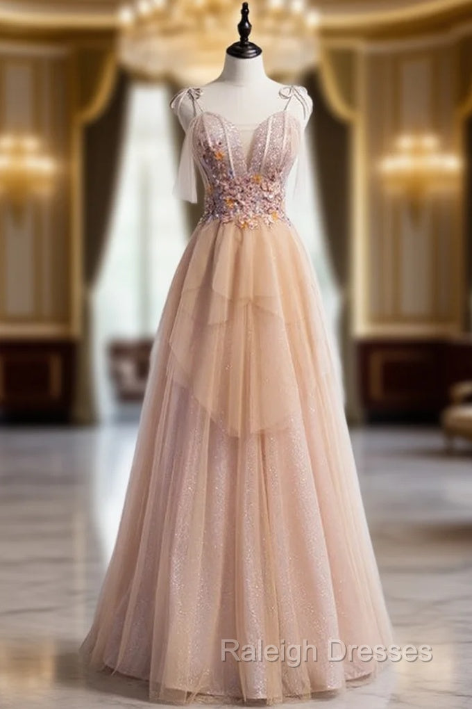 A-Line Champagne Tulle Spaghetti Straps Beading Prom Dress Main image