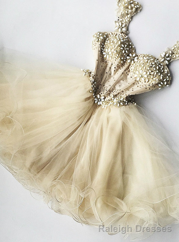 A-Line Champagne Tulle Straps Short Homecoming Dress