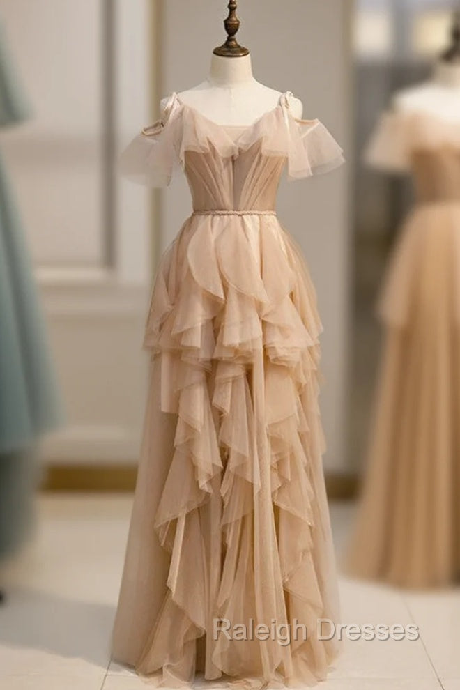 A Line Champagne Tulle V Neck Pleats Prom Dress