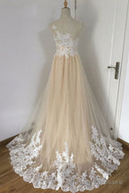 A Line Champagne with White Lace Round Neckline Prom Dress, Beautiufl Wedding Prom Dresses