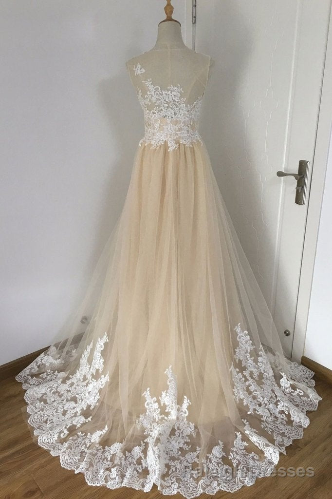 A-line Champagne with White Lace Round Neckline Party Dress, Beautiufl Wedding Party Dresses Main image