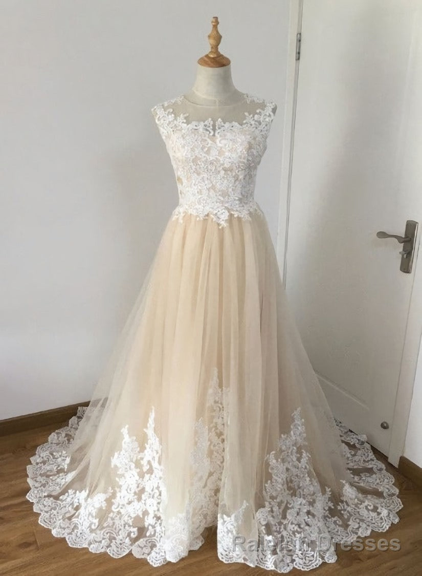 A Line Champagne with White Lace Round Neckline Prom Dress, Beautiufl Wedding Prom Dresses Secondary image