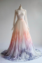 A-Line Chiffon Applique Long Sleeve Wedding Dress Round Neck Sequin Tulle Long Prom Dress