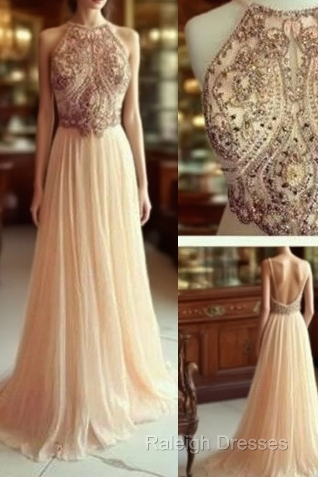 A Line Chiffon Backless Beading, Sequin Long Prom Dresses