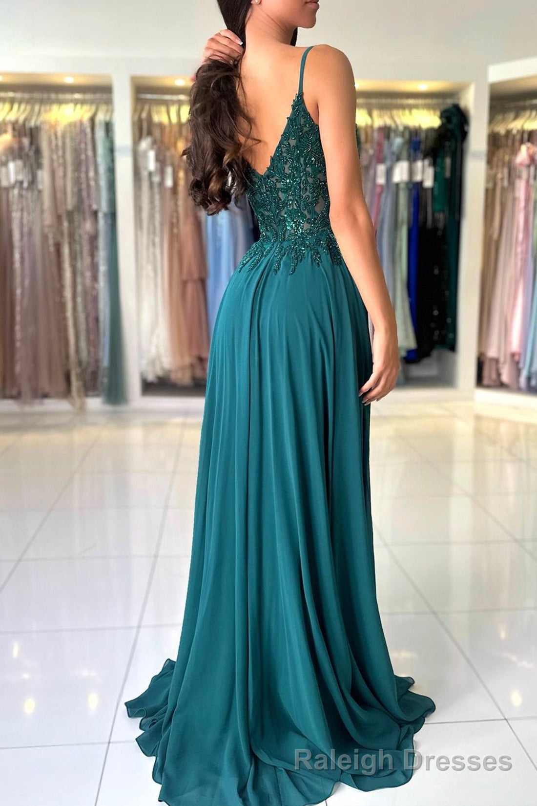 A-Line Chiffon Beaded Long Prom Dress, Dark Green Spaghetti Strap Evening Dress Secondary image