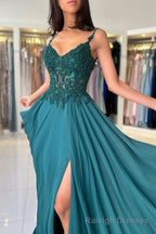 A Line Chiffon Beaded Long Prom Dress, Dark Green Spaghetti Strap Prom Dress