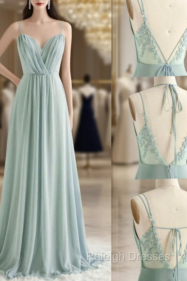 A-Line Chiffon Lace Long Prom Dress, Green Spaghetti Strap Backless Evening Dress
