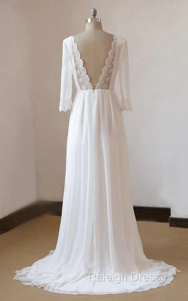 A Line Chiffon Lace White Satin Weddig Dress