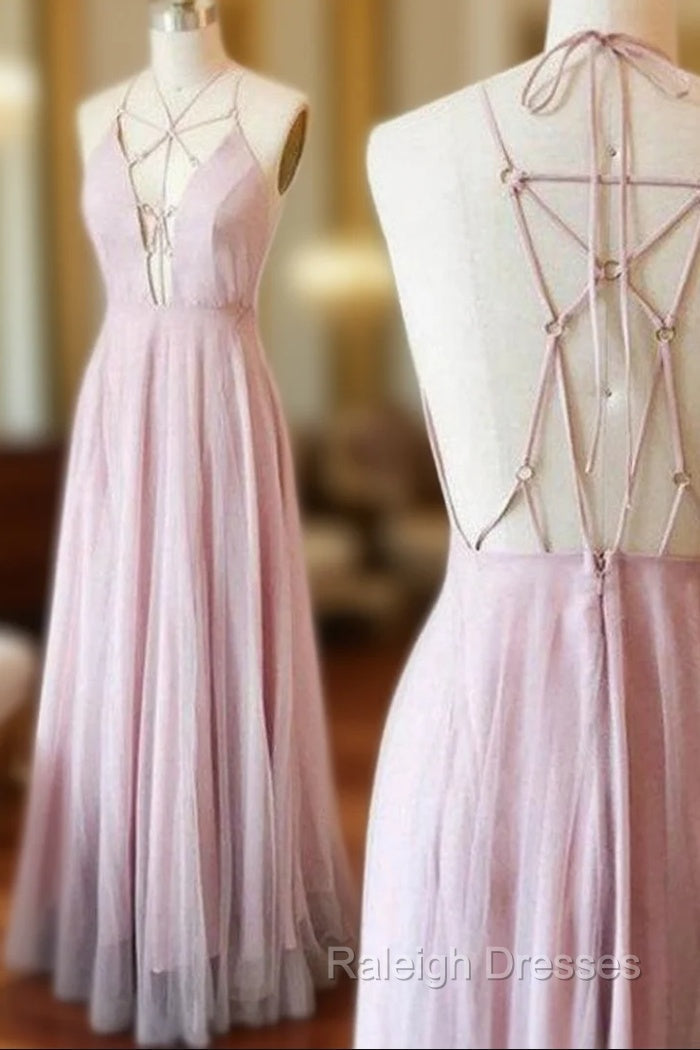 A Line Chiffon Pink Spaghetti Strap Deep V Neck Prom Dress Main image
