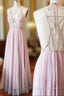 A Line Chiffon Pink Spaghetti Strap Deep V Neck Prom Dress