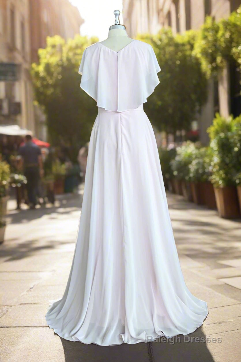 A-Line Chiffon Satin Ruffles Sheath V-Neck Long Bridesmaid Dress with Short Sleeves Secondary image