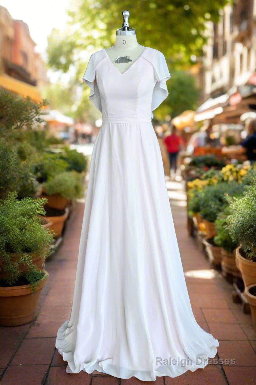 A-Line Chiffon Satin Ruffles Sheath V-Neck Long Bridesmaid Dress with Short Sleeves Main image