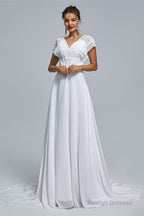 A-Line Chiffon V-Neck Applique Floor-Length Wedding Dresses
