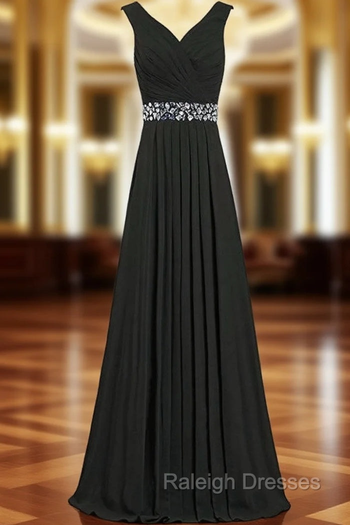 A Line Chiffon V Neck Floor Length Bridesmaid Dresses With Beading
