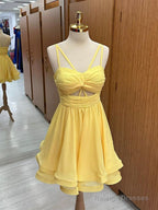A-Line Chiffon Yellow Short Prom Dresses Yellow Homecoming Dresses