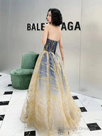 A-Line Color Block Sparkle Engagement Prom Dresses Strapless Sleeveless Floor Length Sequined With Sequin