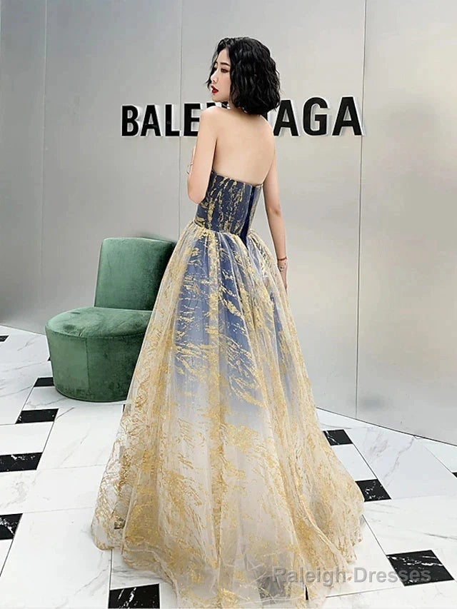 A-Line Color Block Sparkle Engagement Prom Dresses Strapless Sleeveless Floor Length Sequined With Sequin