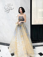 A-Line Color Block Sparkle Engagement Prom Dresses Strapless Sleeveless Floor Length Sequined With Sequin