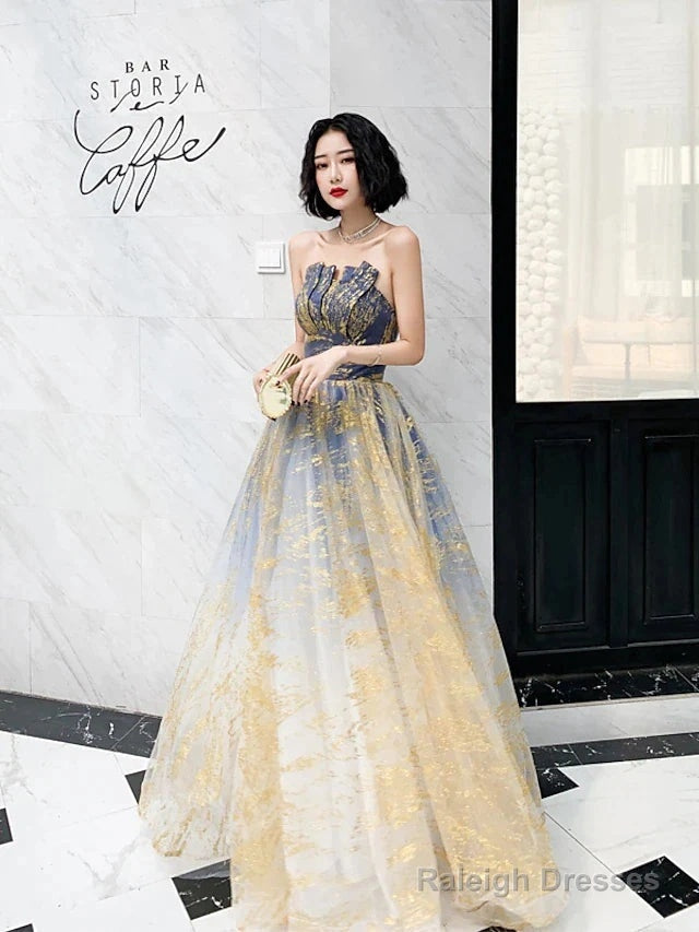 A-Line Color Block Sparkle Engagement Prom Dresses Strapless Sleeveless Floor Length Sequined With Sequin
