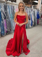 A Line Cowl Neck Satin Prom Dress With Slit