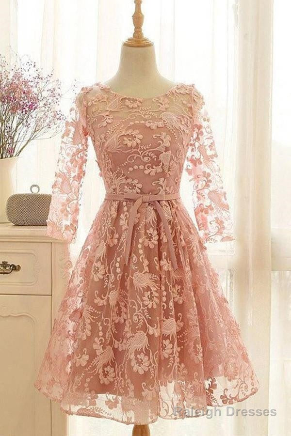 A-Line Crew Knee-Length 3/4 Sleeves Pink Lace Homecoming Dress Secondary image