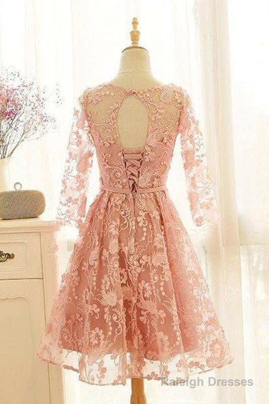 A-Line Crew Knee-Length 3/4 Sleeves Pink Lace Homecoming Dresses