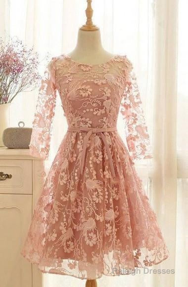 A-Line Crew Knee-Length 3/4 Sleeves Pink Lace Homecoming Dress Main image