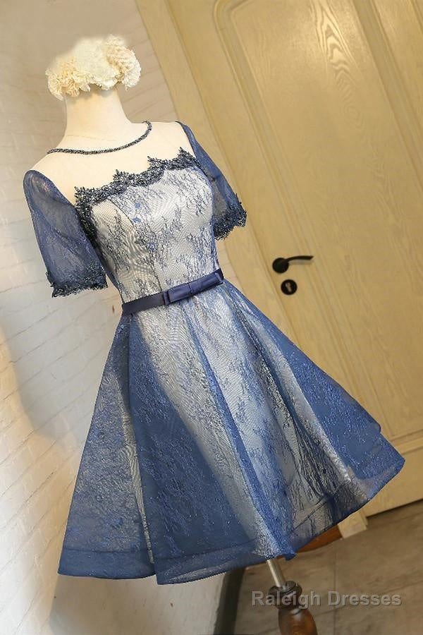 A-Line Crew Knee-Length Short Sleeves Navy Blue Homecoming Dresses Secondary image