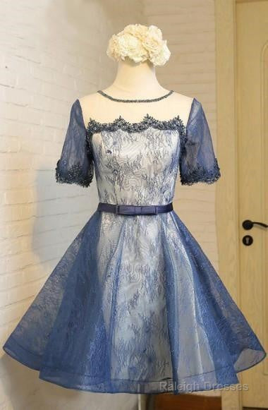 A-Line Crew Knee-Length Short Sleeves Navy Blue Homecoming Dresses