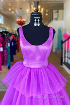 A Line Crew Neck Lilac Tiered Tulle Long Formal Dress