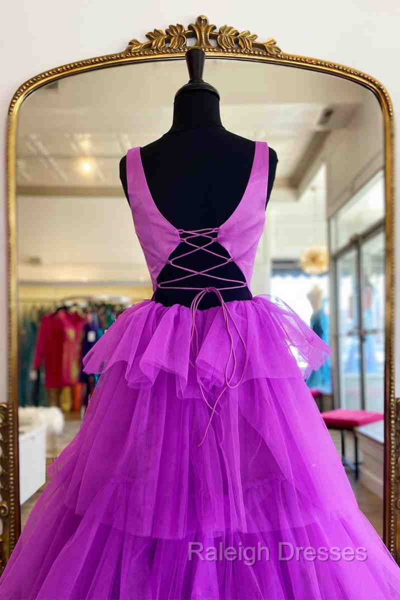 A Line Crew Neck Lilac Tiered Tulle Long Formal Dress