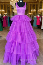 A Line Crew Neck Lilac Tiered Tulle Long Formal Dress