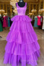 A Line Crew Neck Lilac Tiered Tulle Long Formal Dress