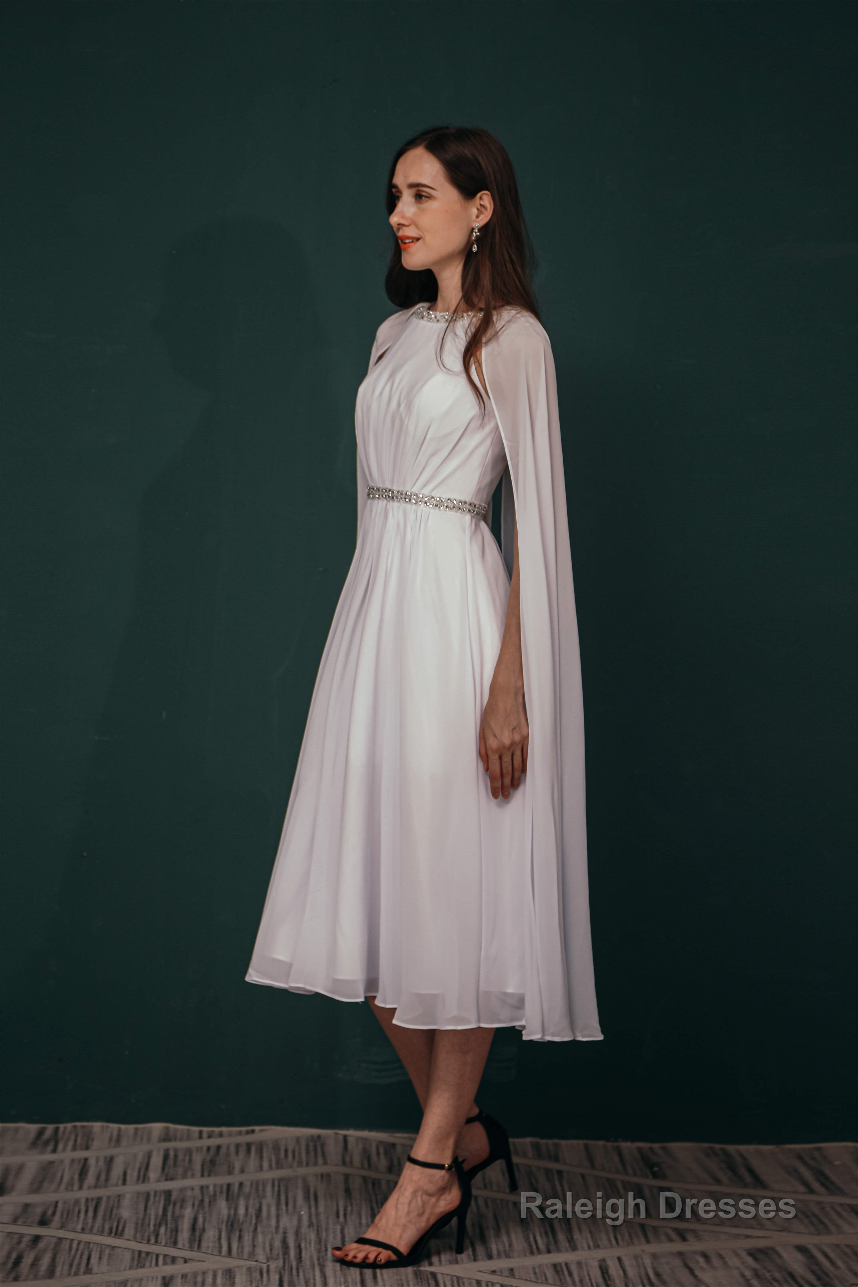 A-Line Crew Tea Length Chiffon Beaded Waist Mother of The Bride Dresses