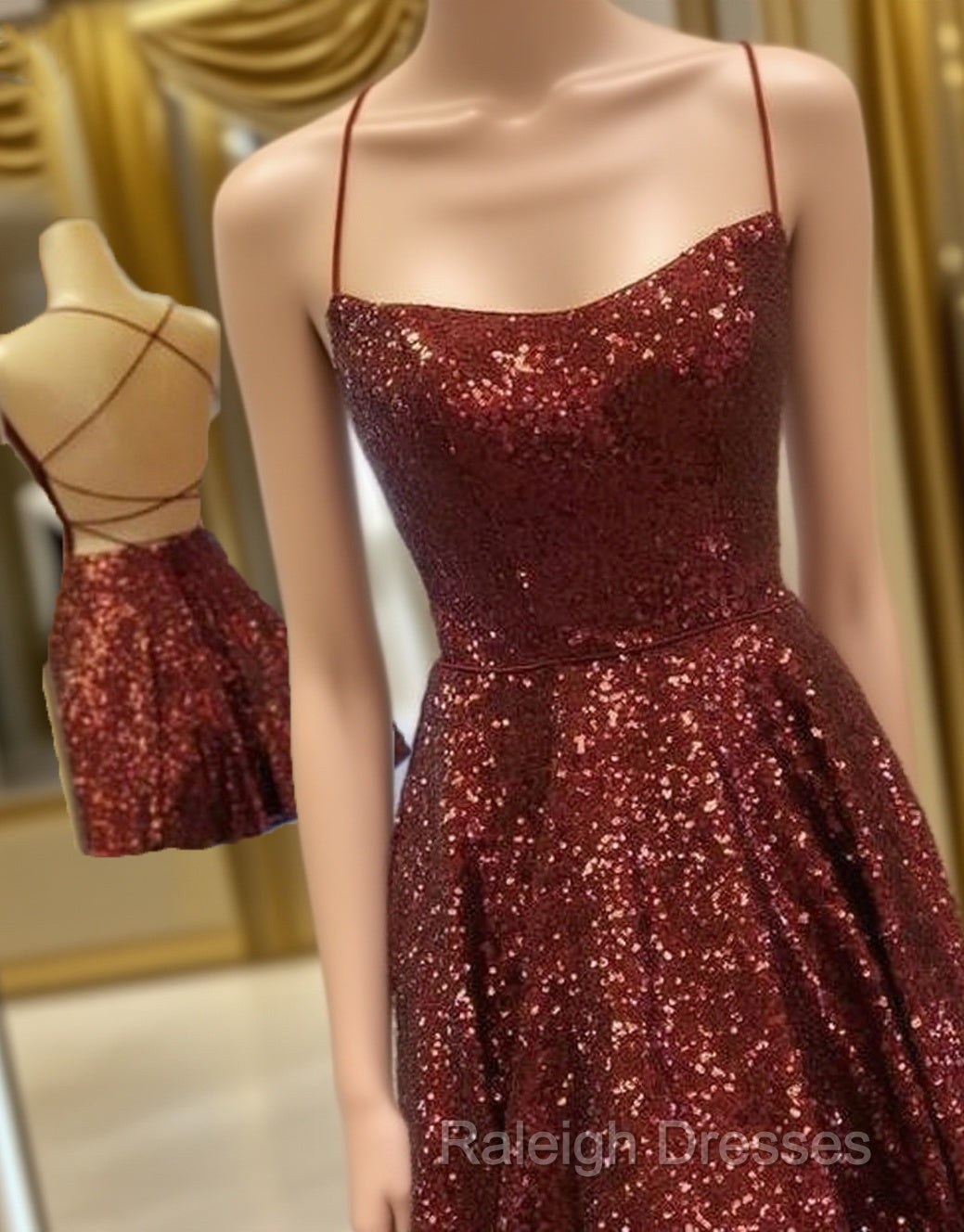 A Line Criss Cross Straps Back Burgundy Sequins Homecoming Dress